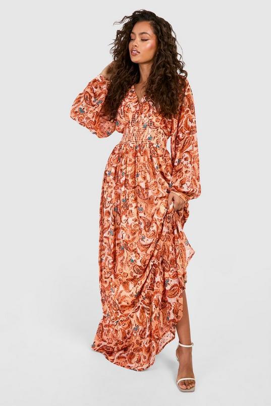 Paisley Print Long Sleeve Maxi Dress by BOOHOO