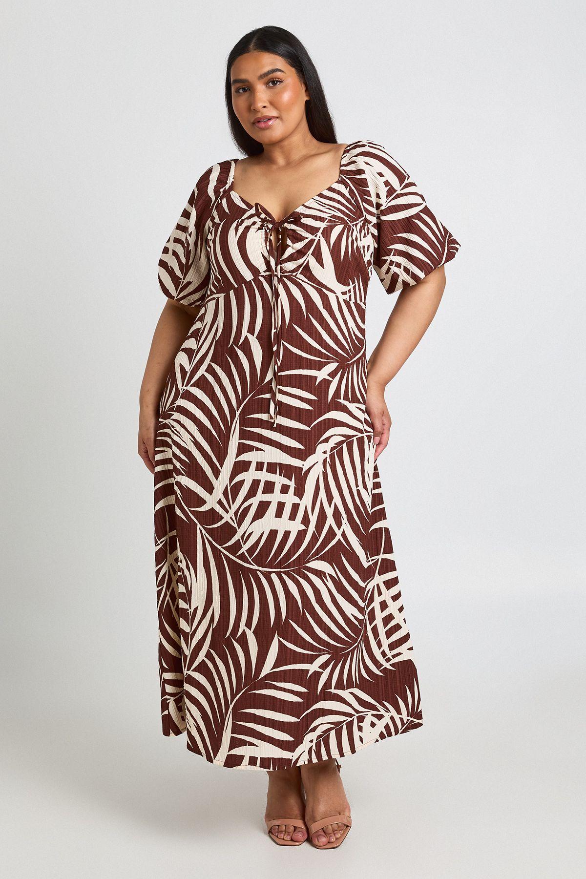 Palm Print Textured Volume Sleeve Midaxi Dress by BOOHOO