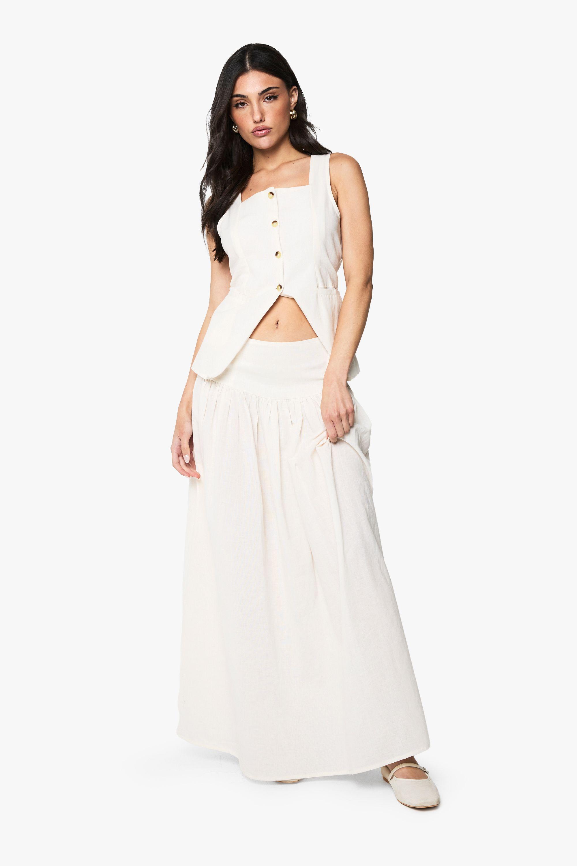 Panel Detail Full Linen Look Maxi Skirt by BOOHOO