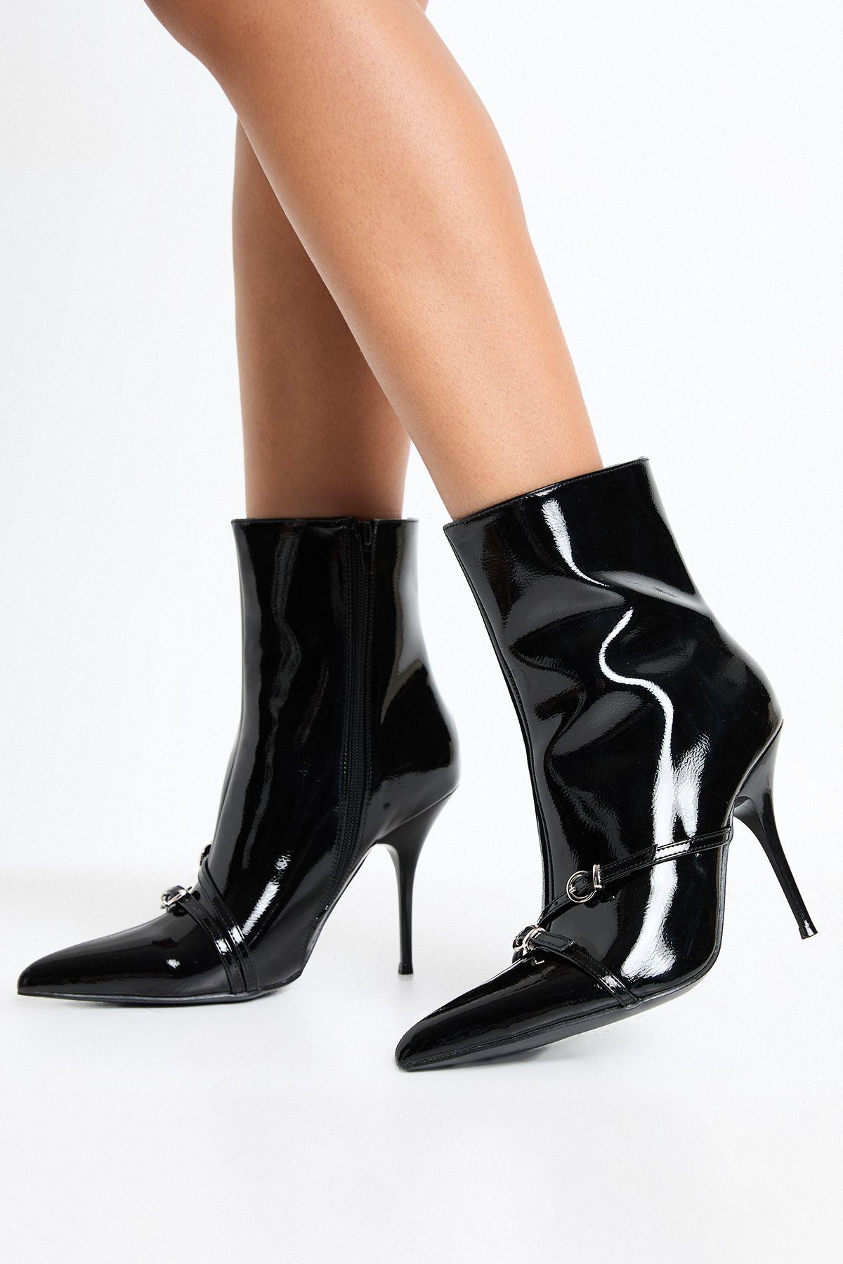 Patent Buckle Detail Stiletto Ankle Boots by BOOHOO