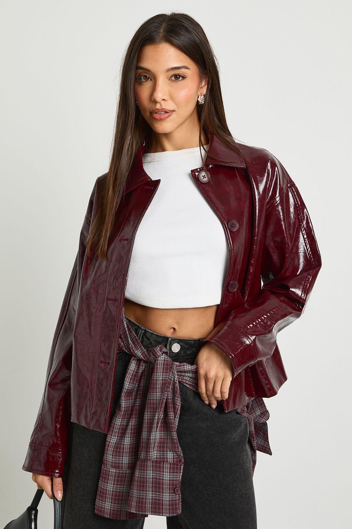 Patent Faux Leather Button Jacket by BOOHOO