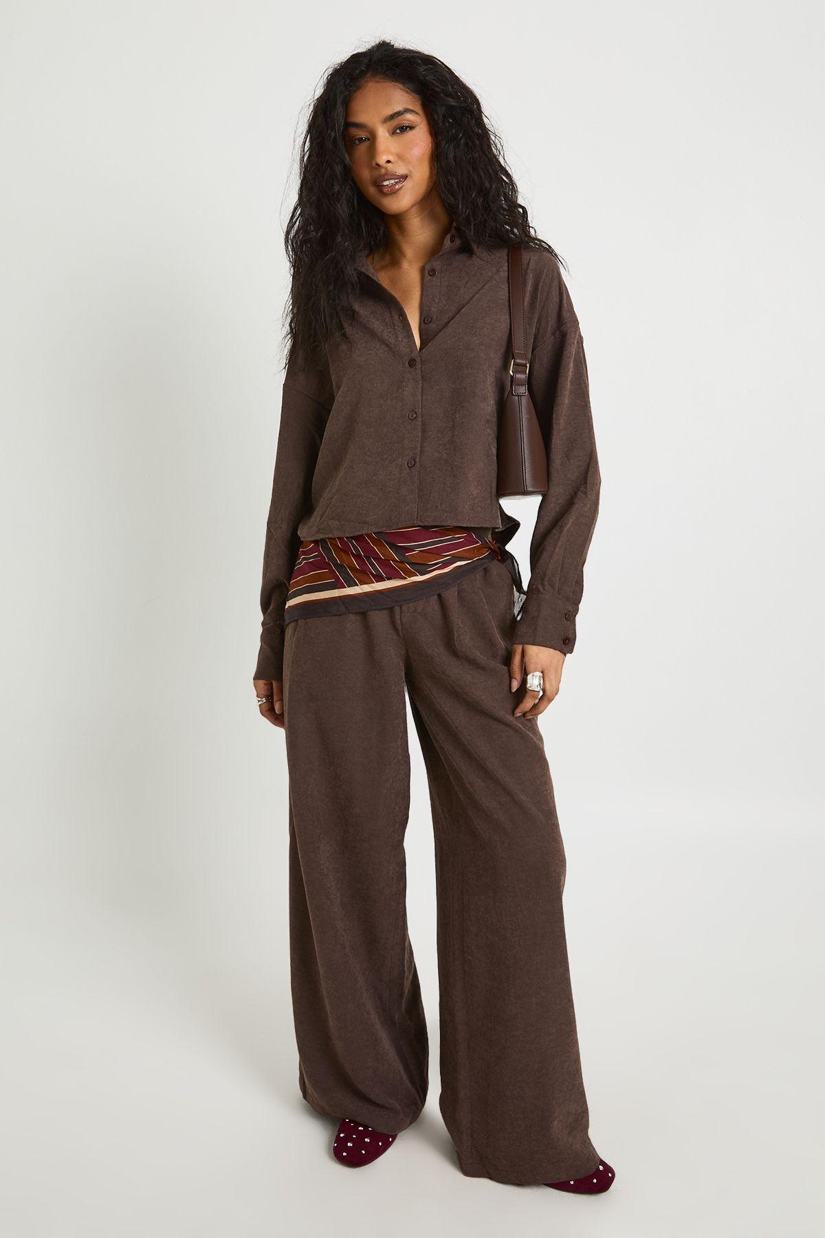 Peached Boxy Crop Shirt & Low Rise Trouser Co-ord by BOOHOO