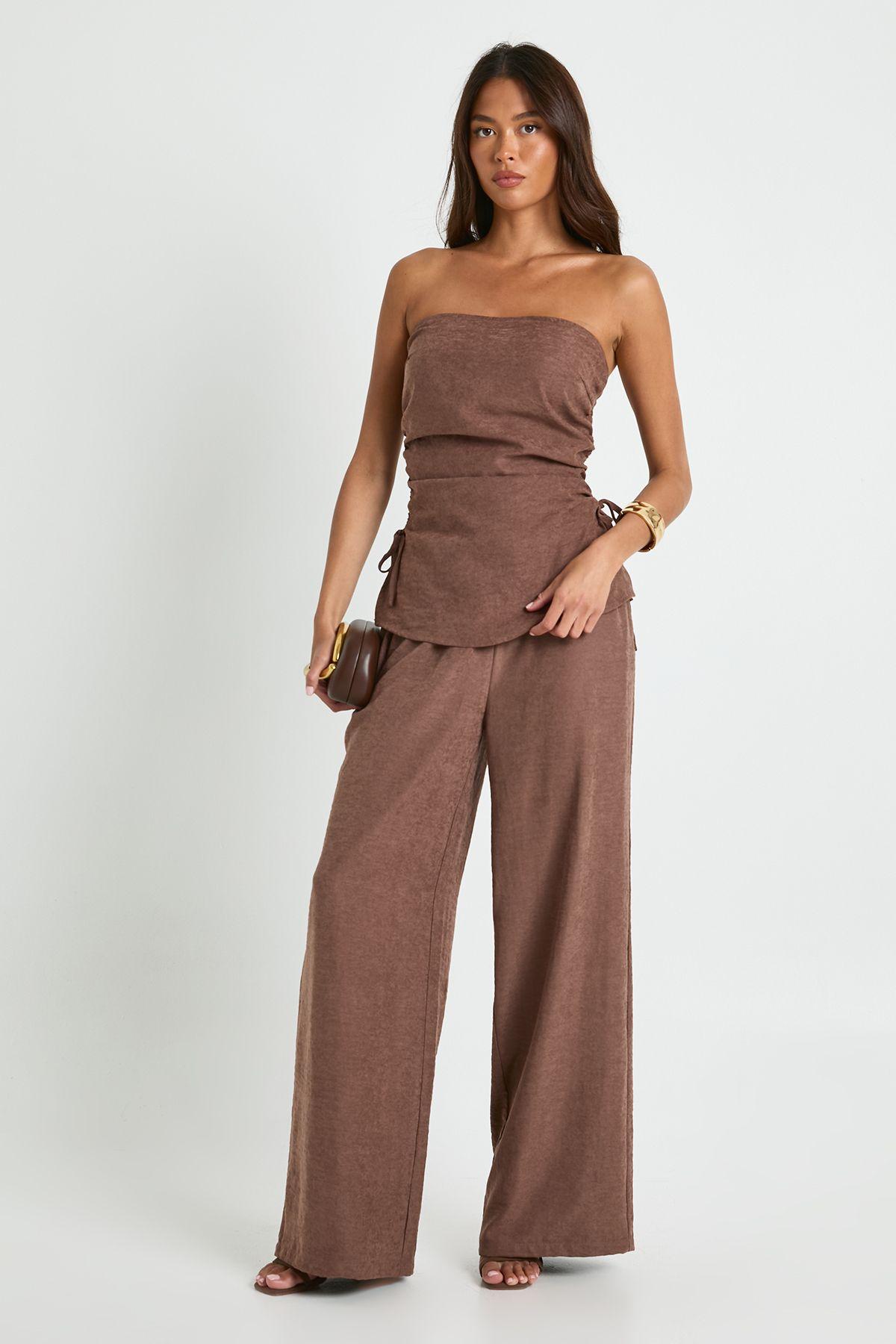 Peached Drawstring Waist Wide Leg Trousers by BOOHOO