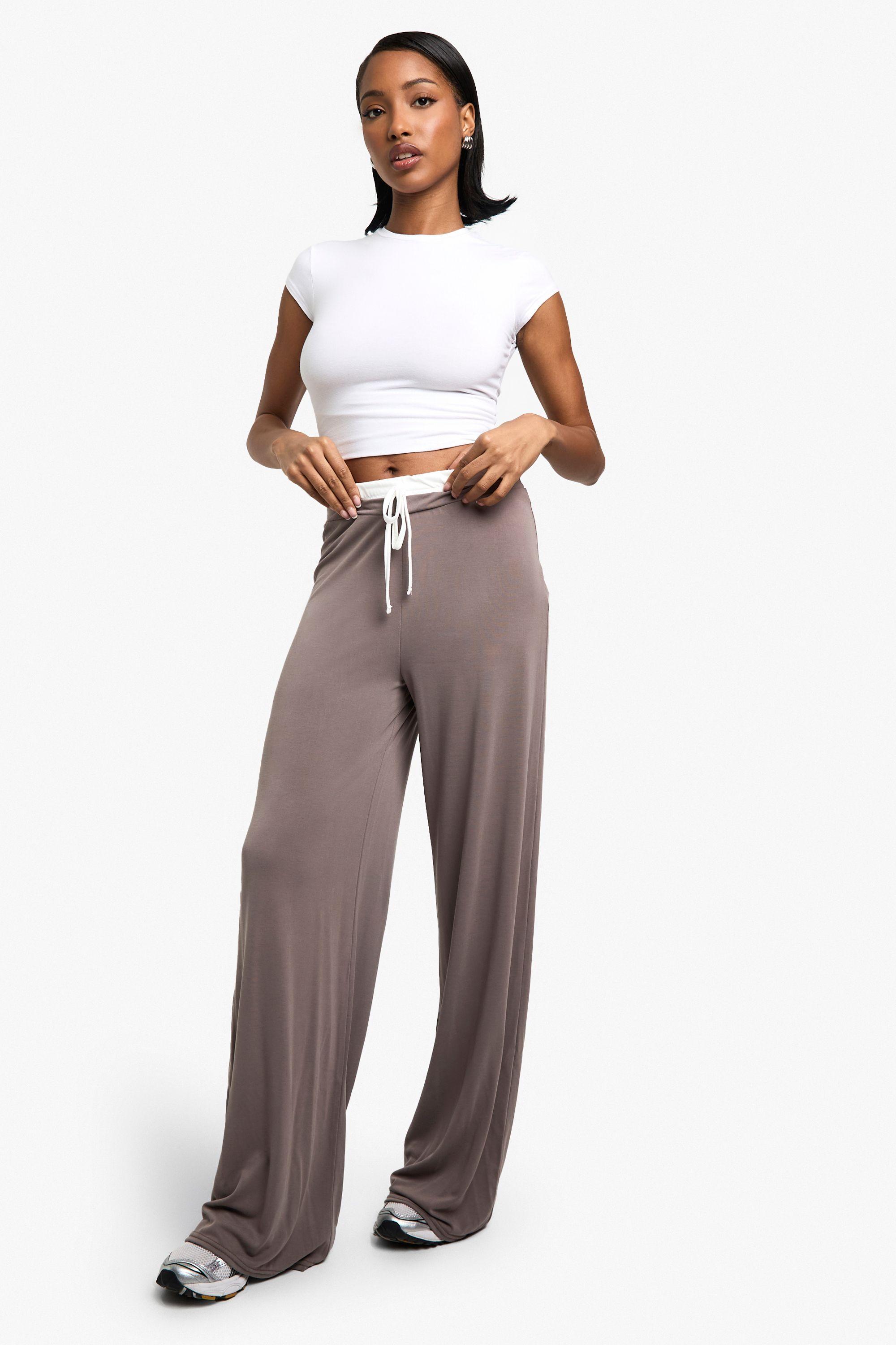 Peached Jersey Exposed Waistband Wide Leg Trouser by BOOHOO
