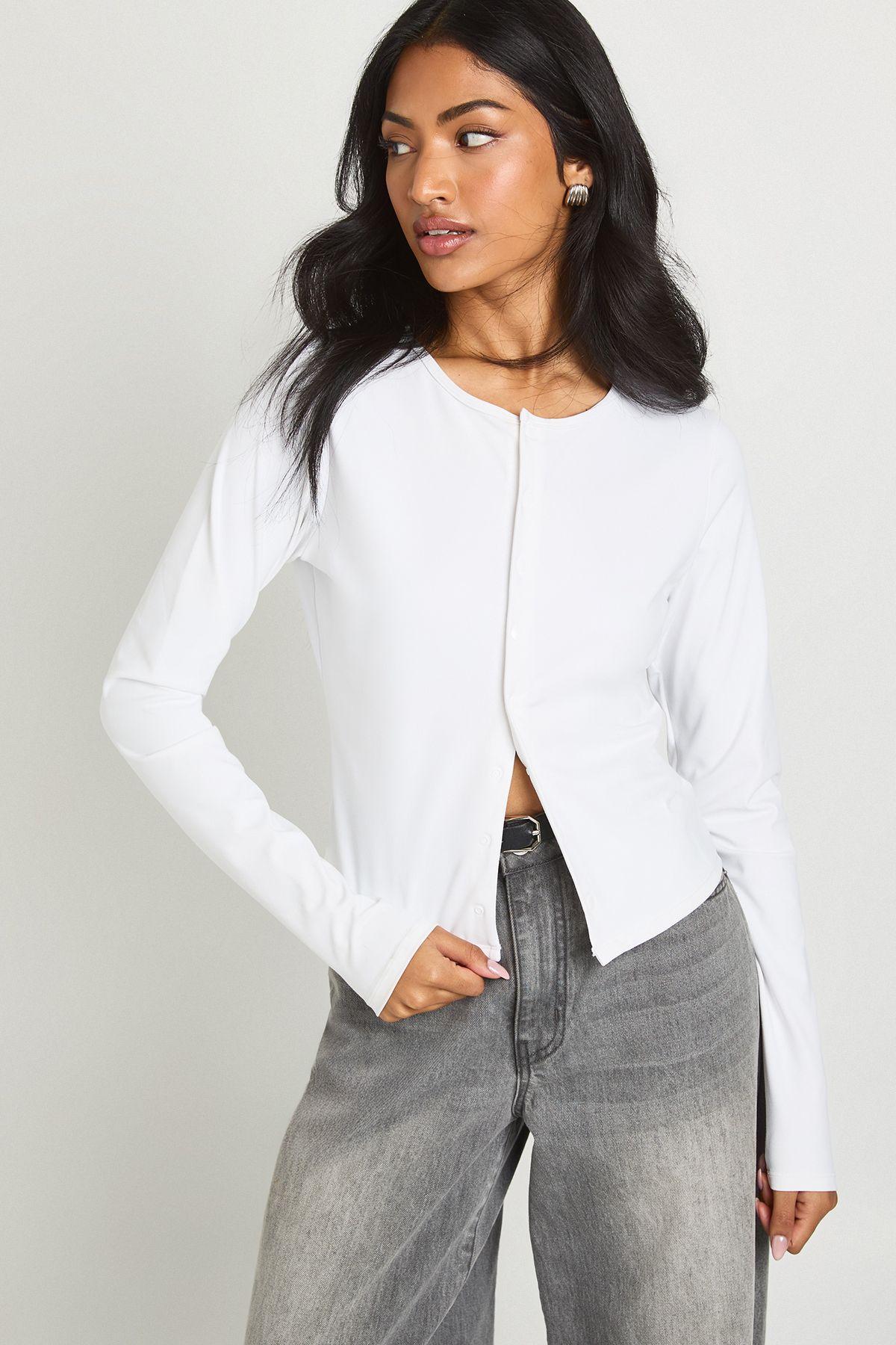 Peached Sculpt Popper Through Long Sleeve Top by BOOHOO