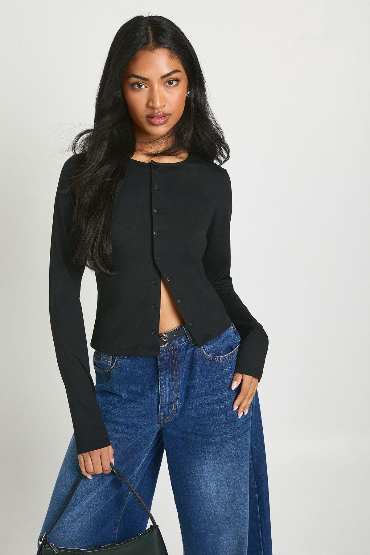 Peached Sculpt Popper Through Long Sleeve Top by BOOHOO