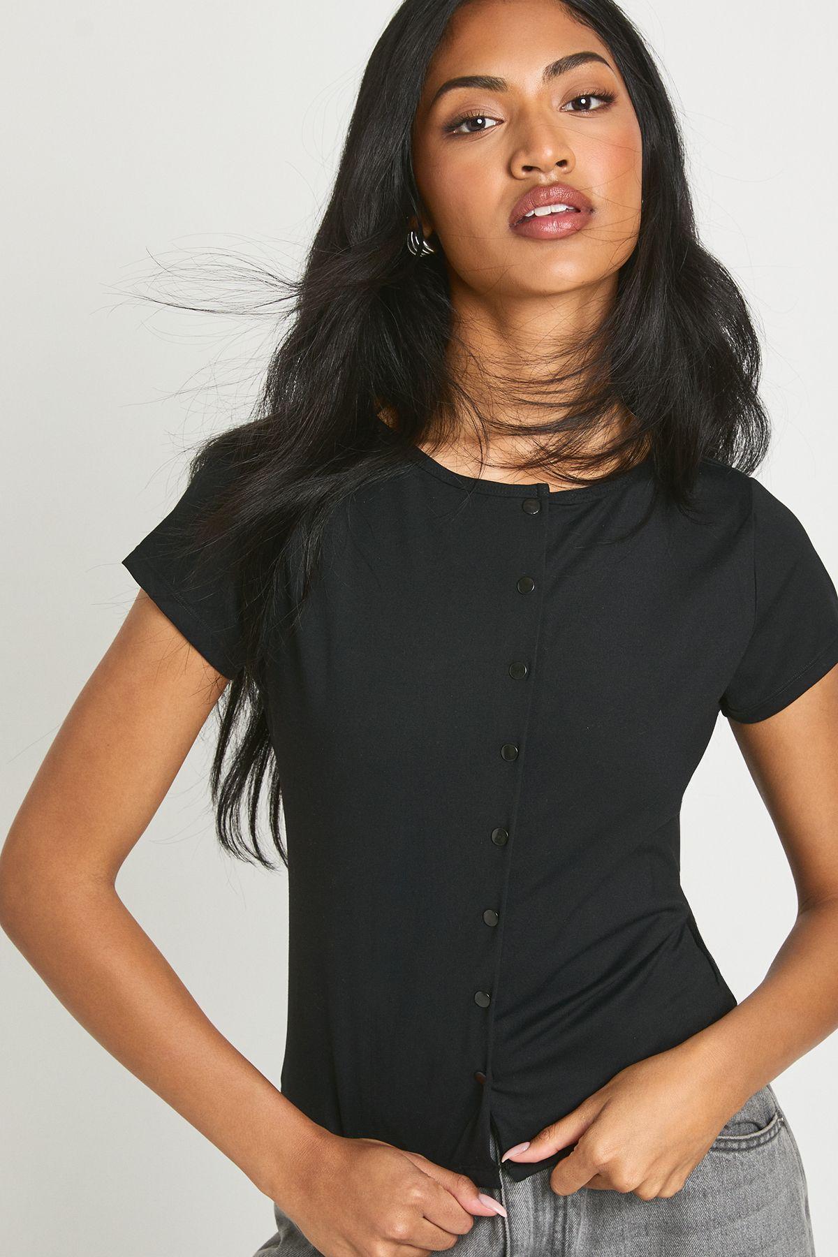Peached Sculpt Popper Through Short Sleeve Top by BOOHOO