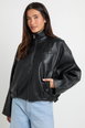 Pebbled Faux Leather Funnel Neck Hem Detail Bomber Jacket by BOOHOO