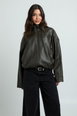 Pebbled Faux Leather Funnel Neck Hem Detail Bomber Jacket by BOOHOO Pebbled Faux Leather Funnel Neck Hem Detail Bomber Jacket by BOOHOO