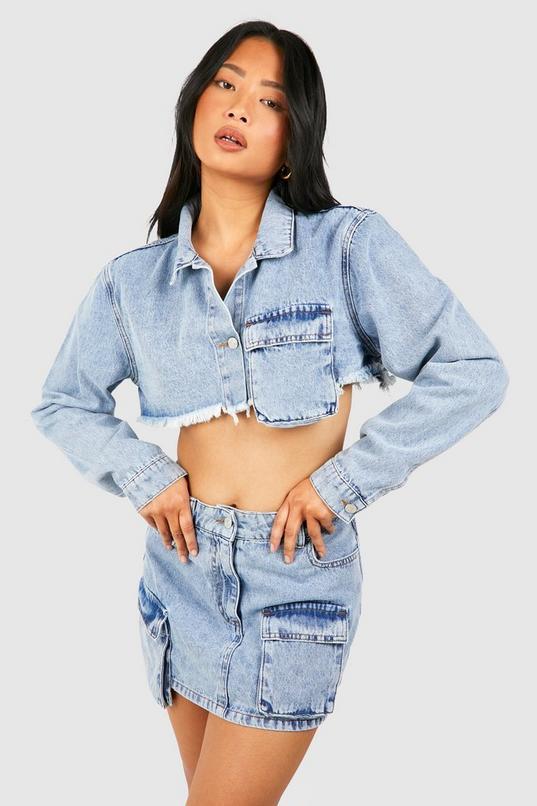 Petite Acid Wash Cargo Denim Shirt by BOOHOO