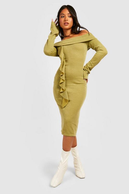 Petite Bardot Ruffle Long Sleeve Midi Dress by BOOHOO Petite Bardot Ruffle Long Sleeve Midi Dress by BOOHOO