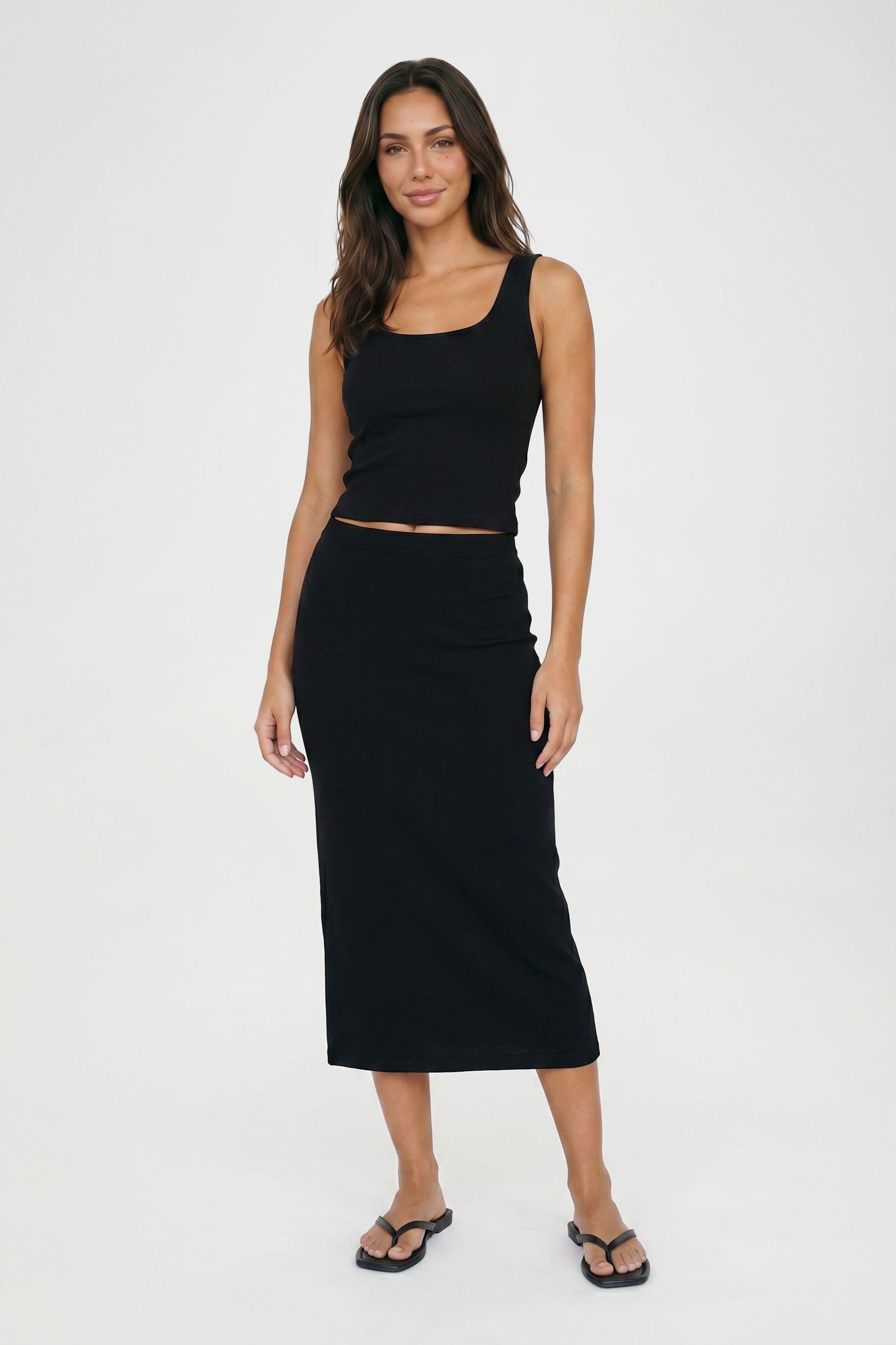 Petite Basic Solid Black High Waisted Midi Skirt by BOOHOO
