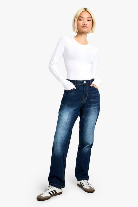 Petite Basics High Waisted Straight Leg Jeans by BOOHOO Petite Basics High Waisted Straight Leg Jeans by BOOHOO