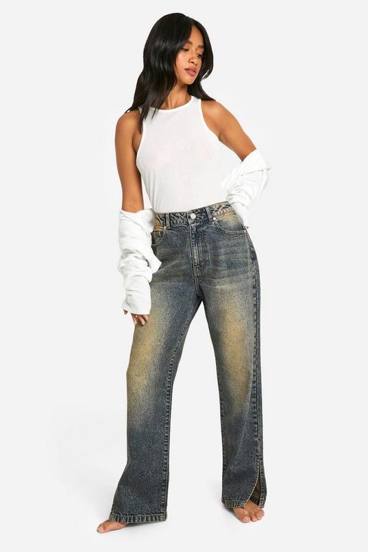 Petite Basics Split Hem Straight Leg Jeans by BOOHOO Petite Basics Split Hem Straight Leg Jeans by BOOHOO