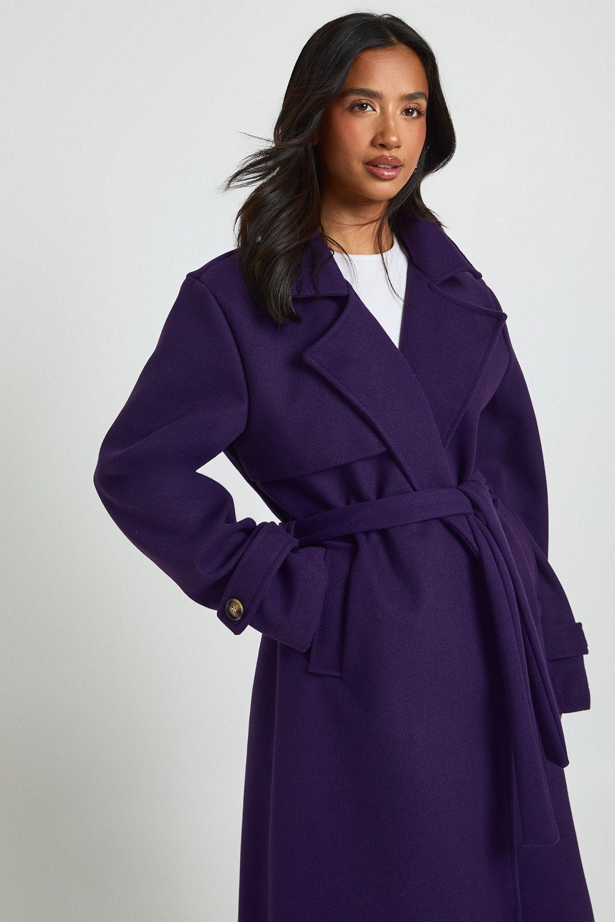 Petite Belted Wool Look Trench by BOOHOO