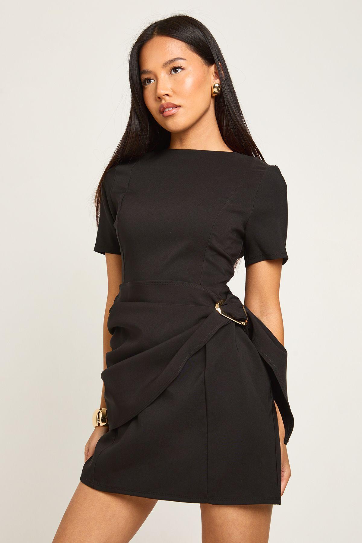 Petite Belted Wrap Trim Detail Shift Dress by BOOHOO