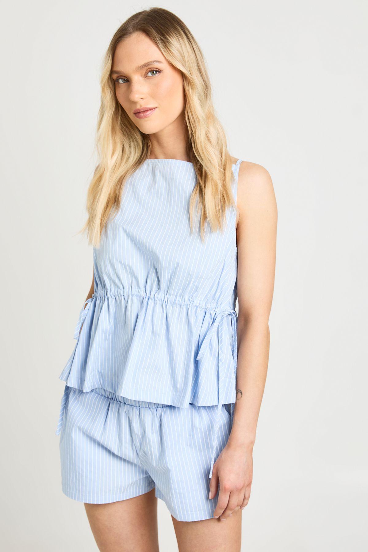 Petite Boat Neck Stripe Tie Side Peplum Top by BOOHOO