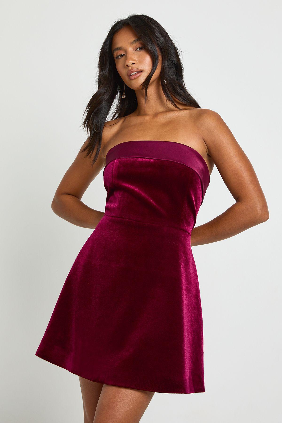 Petite Bonded Velvet Fold Over Bandeau Mini Dress by BOOHOO