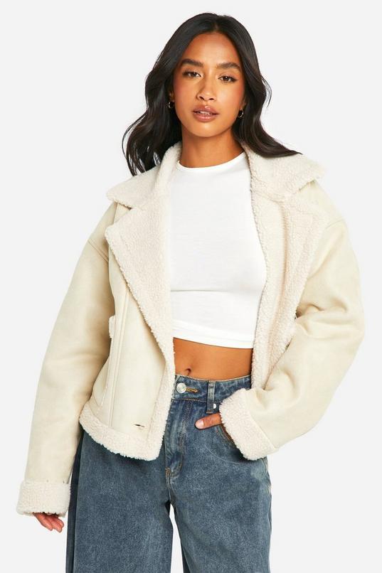 Petite Borg Lined Faux Suede Jacket by BOOHOO