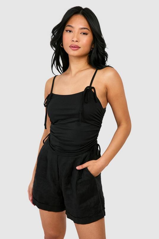 Petite Bow Strap Detail Ruched Cami by BOOHOO