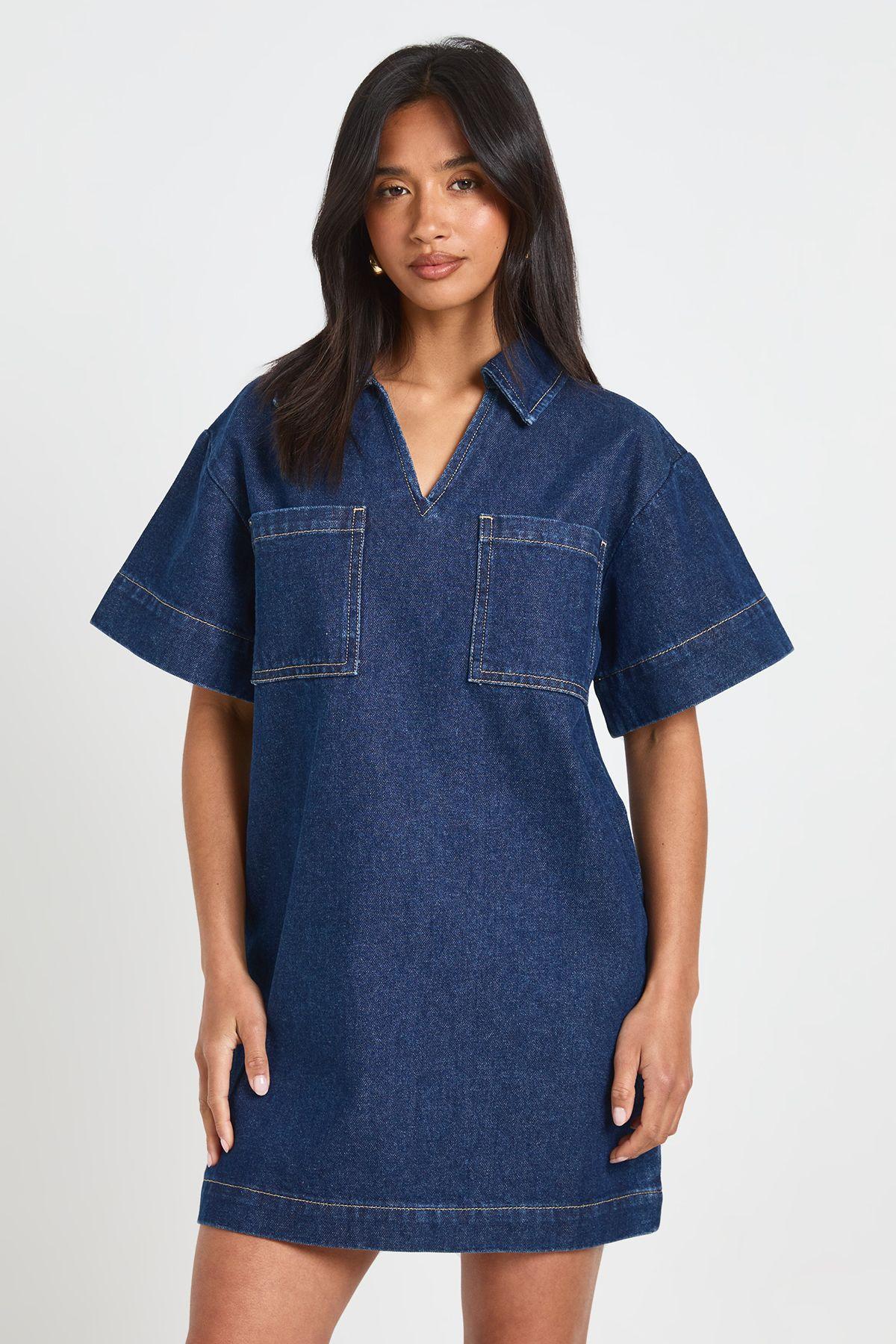 Petite Boxy Short Sleeve Denim Dress by BOOHOO