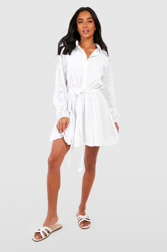 Petite Broderie Belted Skater Shirt Dress by BOOHOO
