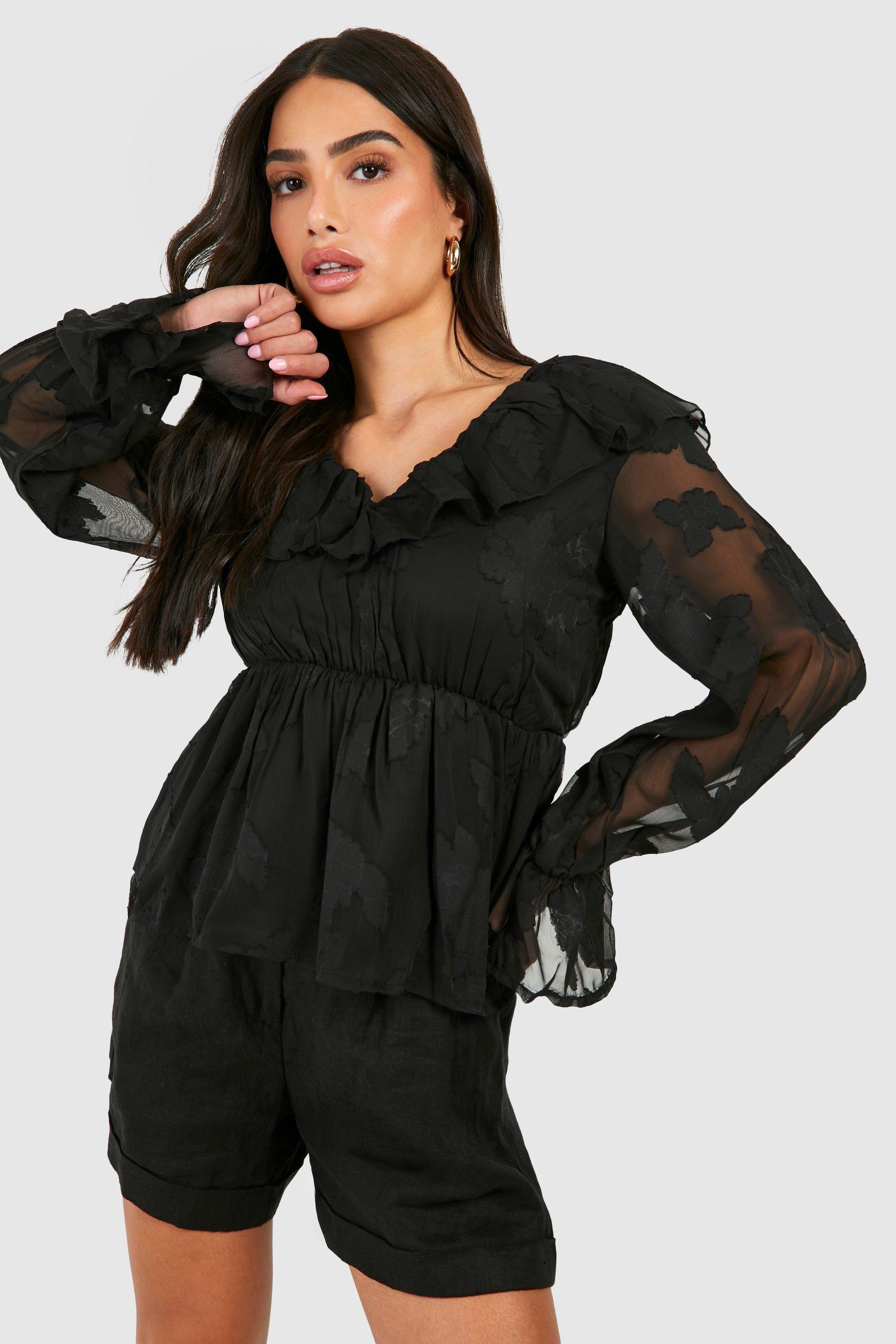 Petite Burnout Floral Frill Smock Top by BOOHOO
