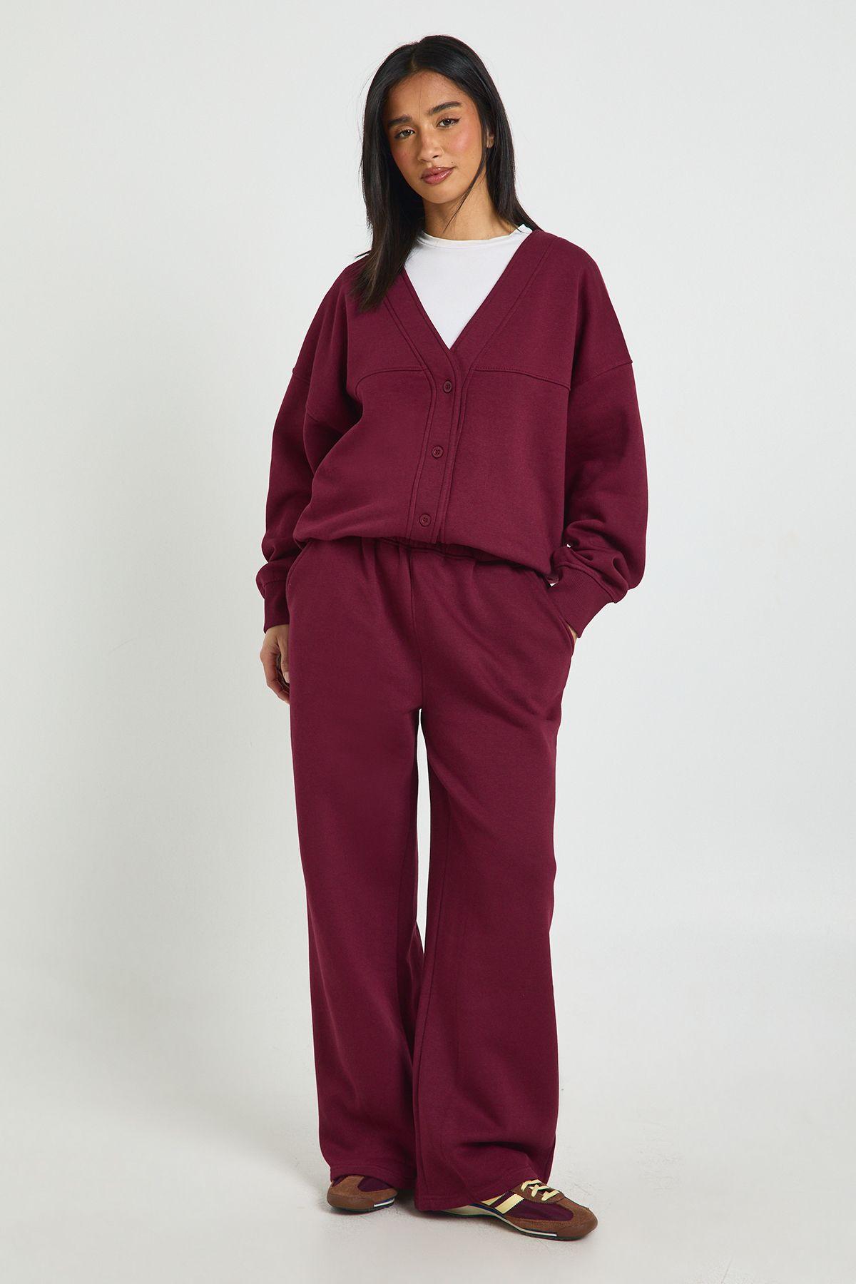Petite Button Through Cardigan Sweatshirt And Straight Leg Jogger Tracksuit by BOOHOO