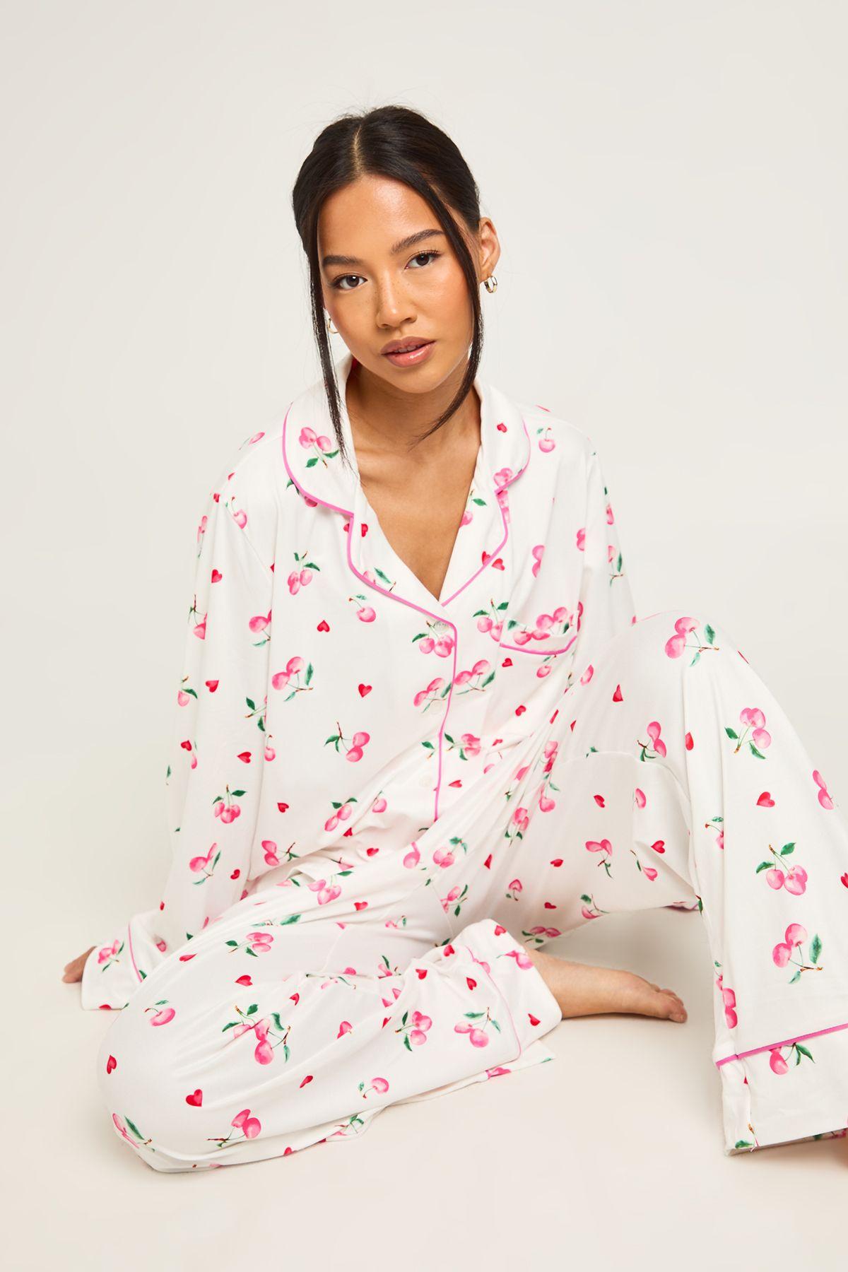 Petite Cherry Print Long Sleeve Shirt & Trouser 3 Piece Pyjama Set by BOOHOO
