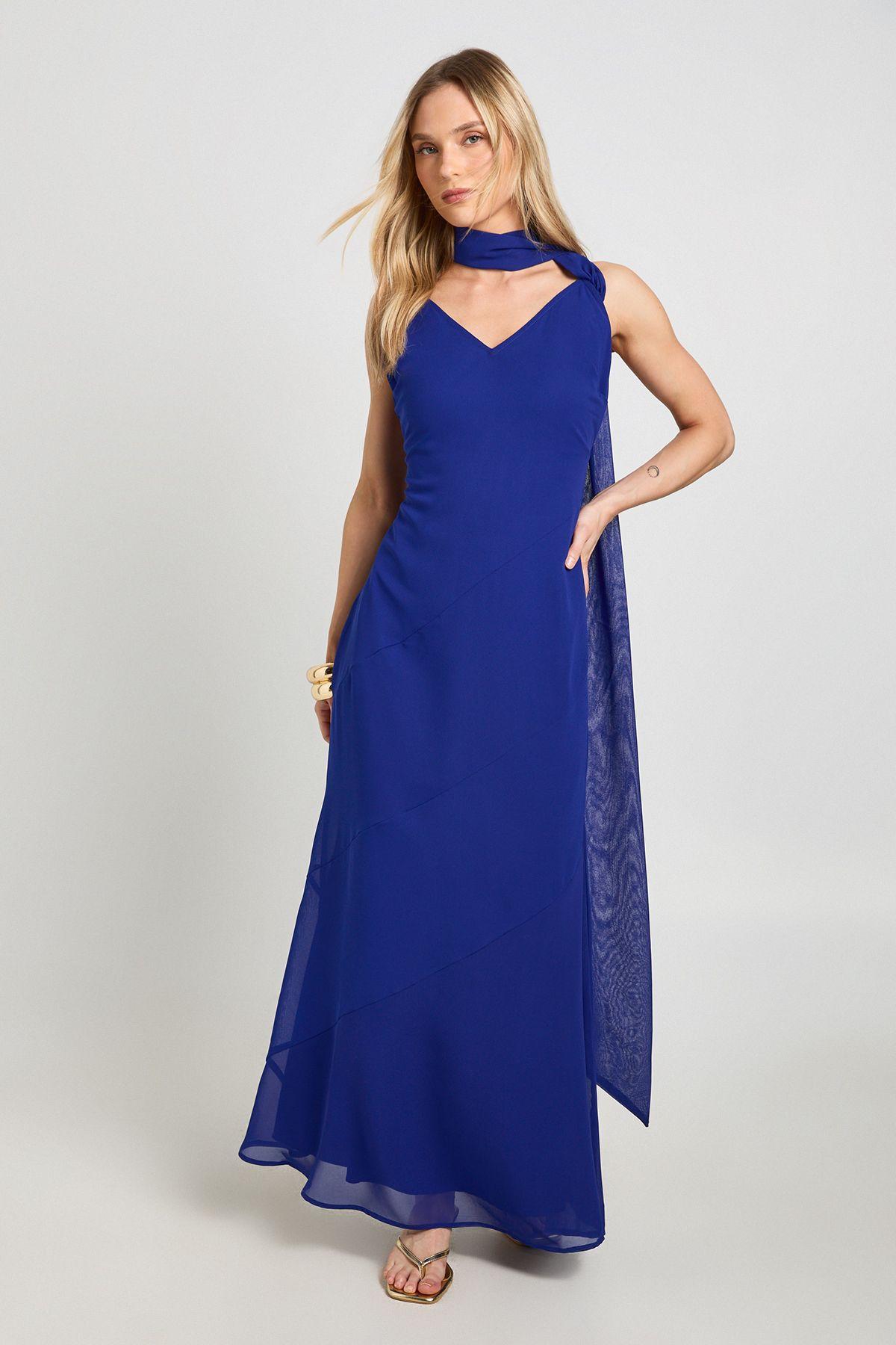 Petite Chiffon Drape Neck Scarf Detail Maxi Dress by BOOHOO