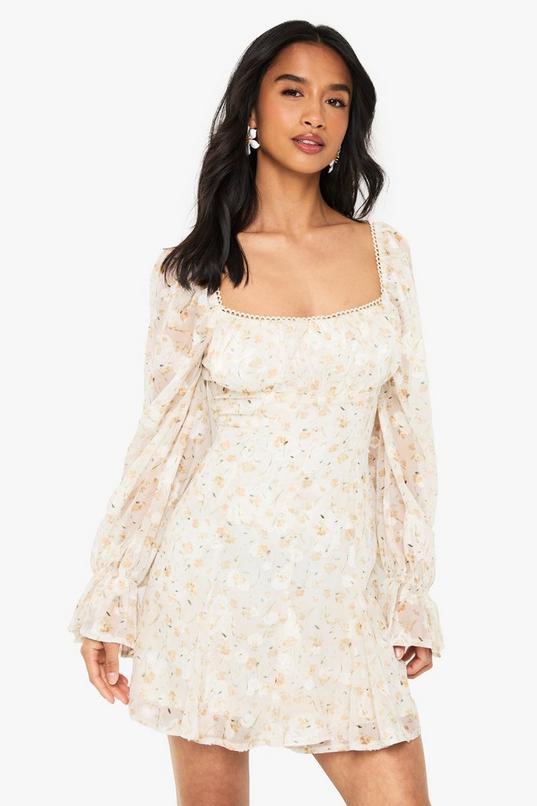 Petite Chiffon Jaquard Floral Angel Sleeve Mini Dress by BOOHOO