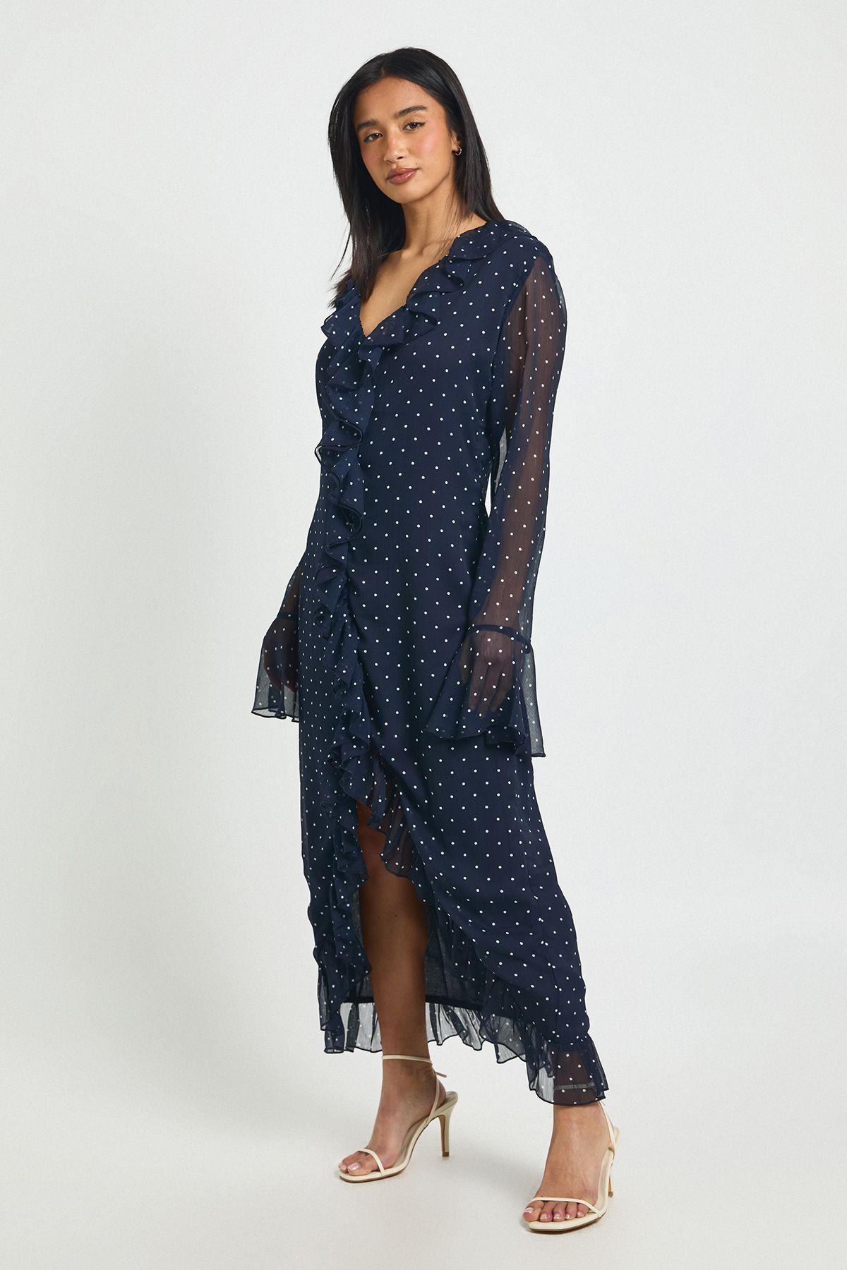 Petite Chiffon Polka Dot Ruffle Detail Midi Dress by BOOHOO