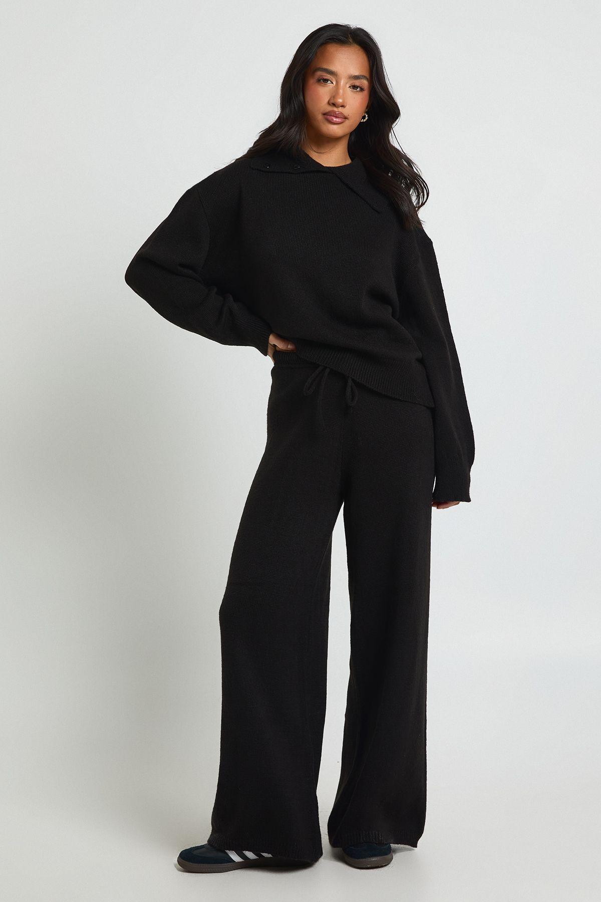 Petite Chunky Knit Collar Detail Oversized Jumper and Wide Leg Trouser Co-Ord by BOOHOO