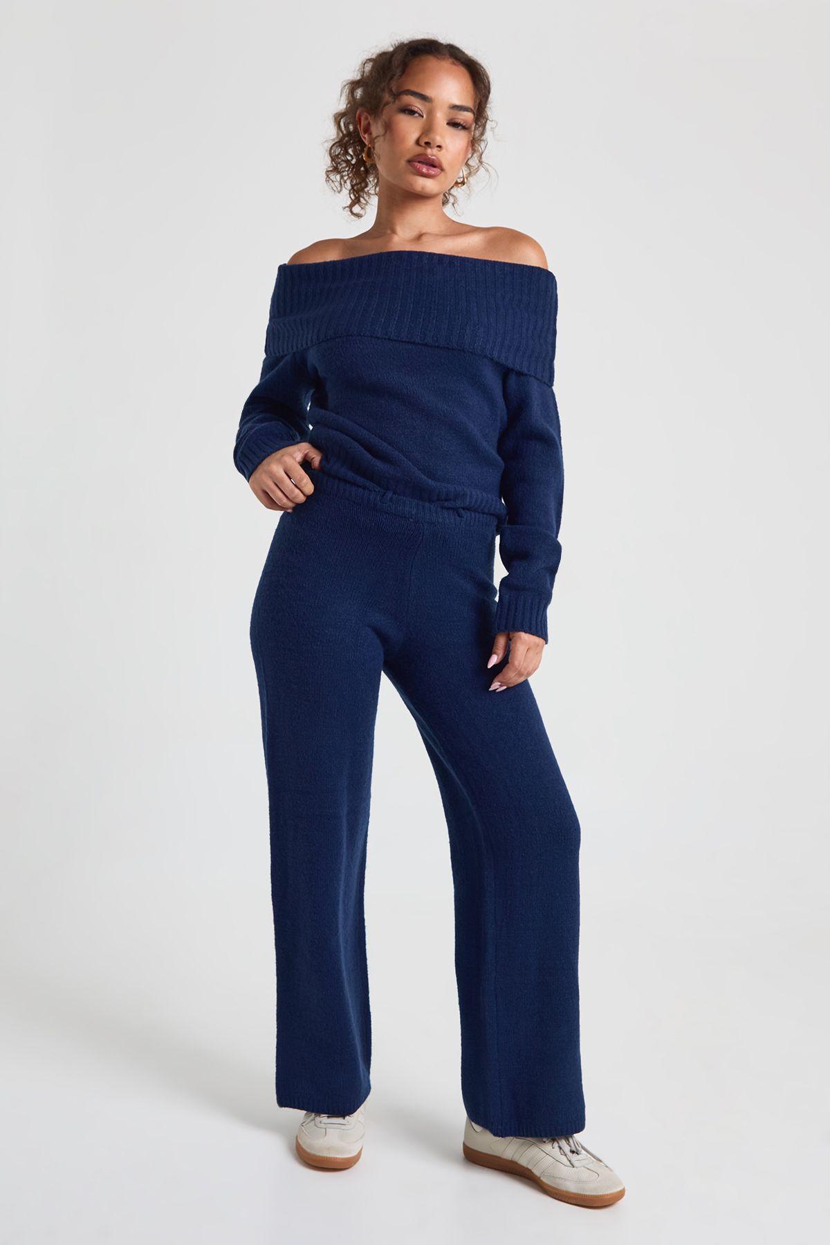 Petite Chunky Knitted Bardot Jumper and Straight Leg Trouser Co-Ord by BOOHOO