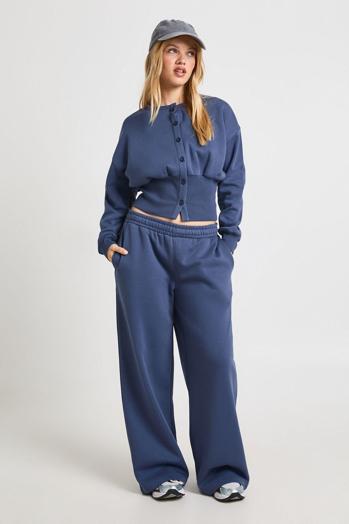 Petite Cinched Waist Button Through Sweatshirt Tracksuit by BOOHOO