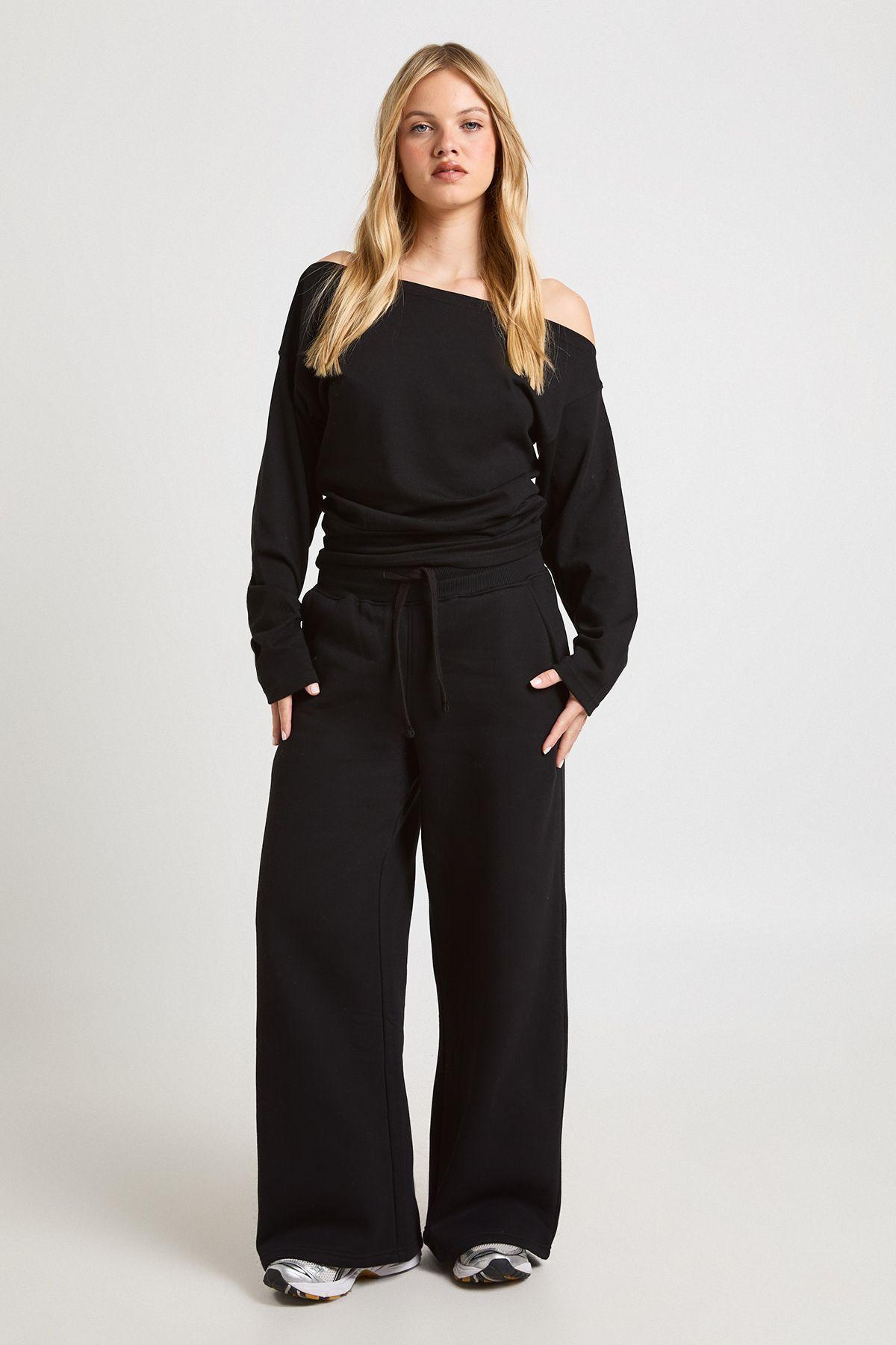 Petite Cinched Waist Off Shoulder Straight Leg Tracksuit by BOOHOO