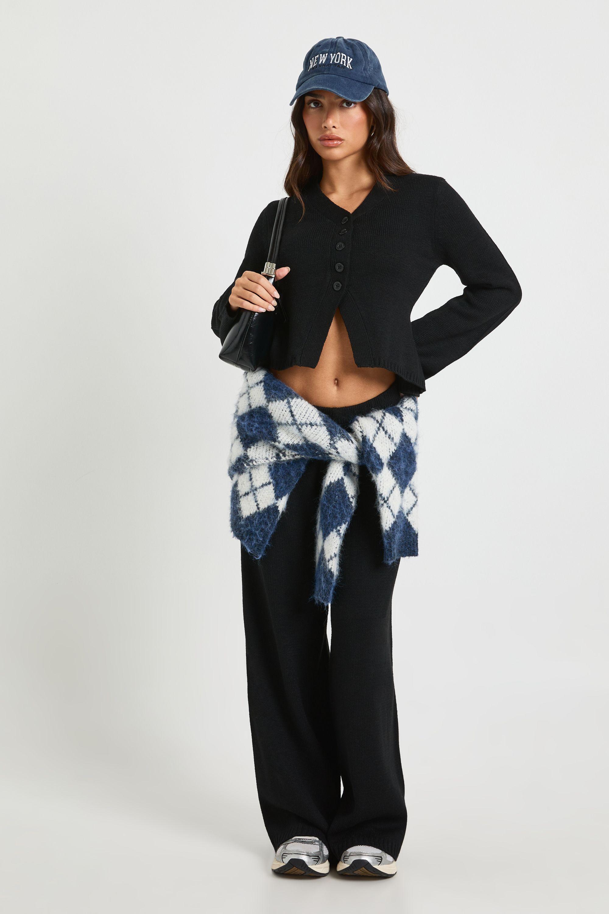 Petite Collar Detail Button Down Knitted Cardigan and Straight Leg Trouser Co-Ord by BOOHOO