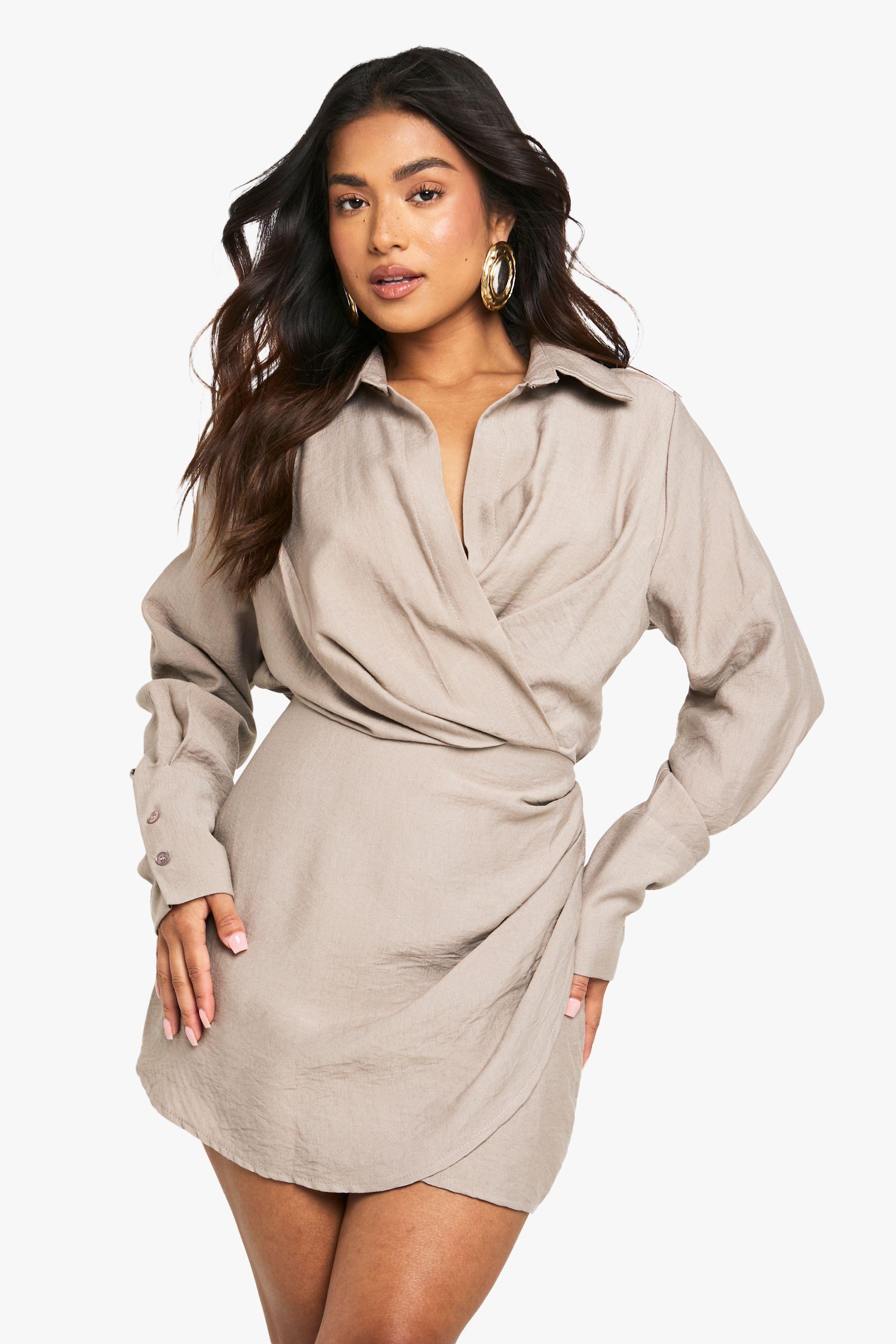 Petite Collared Wrap Shirt Dress by BOOHOO
