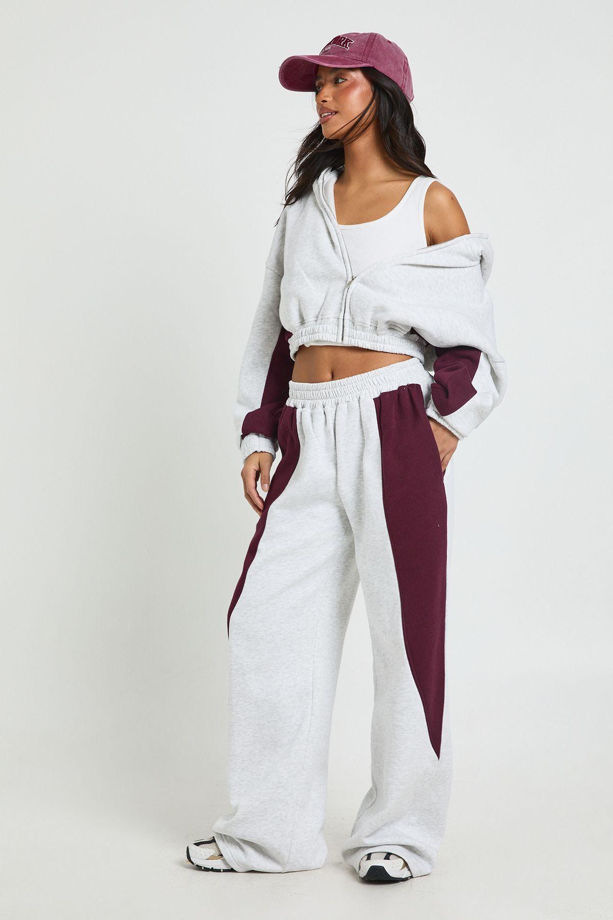Petite Contrast Panel Zip Through Hoodie Wide Leg Jogger Tracksuit by BOOHOO