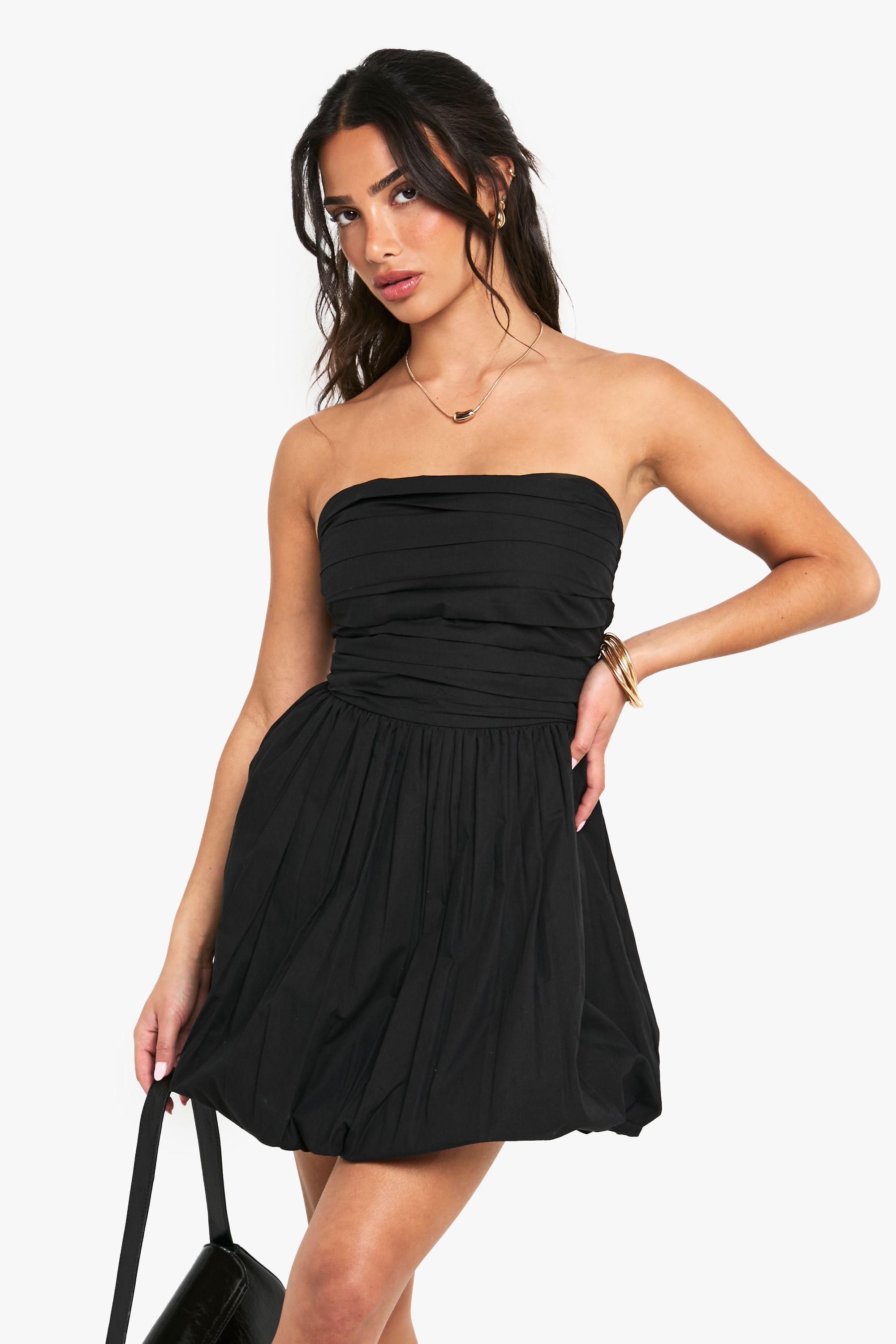 Petite Cotton Poplin Bandeau Puffball Mini Dress by BOOHOO