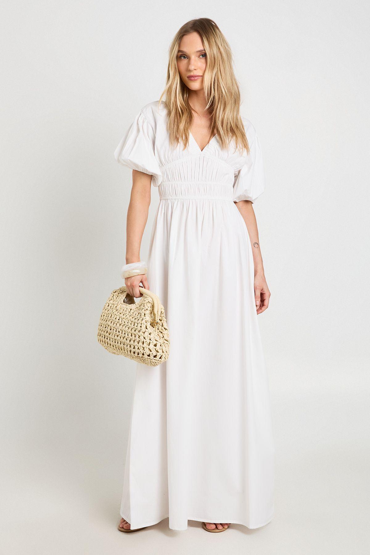 Petite Cotton Poplin Shirred Bodice V Neck Puff Sleeve Maxi Dress by BOOHOO