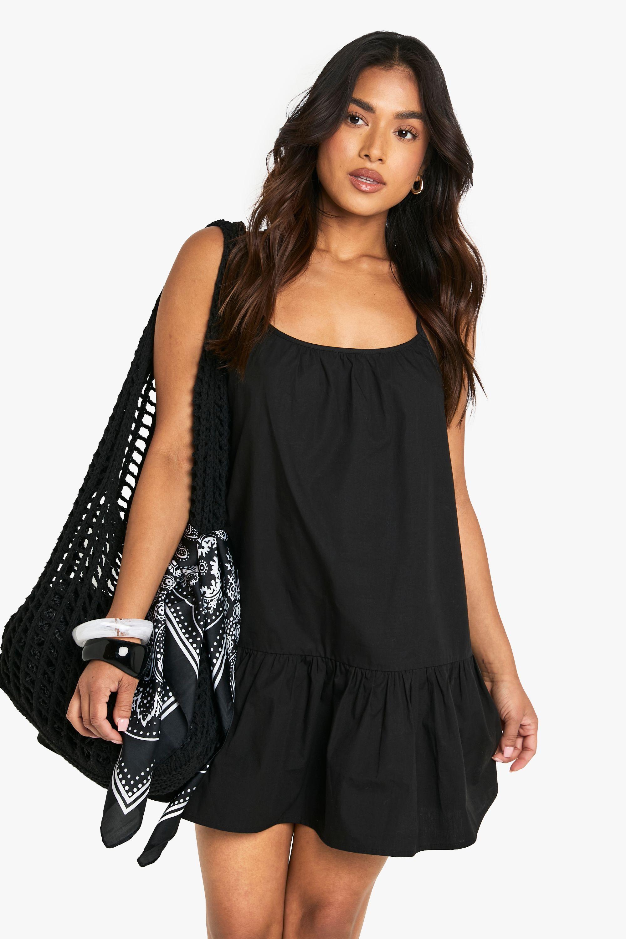 Petite Cotton Poplin Strappy Tiered Swing Mini Dress by BOOHOO