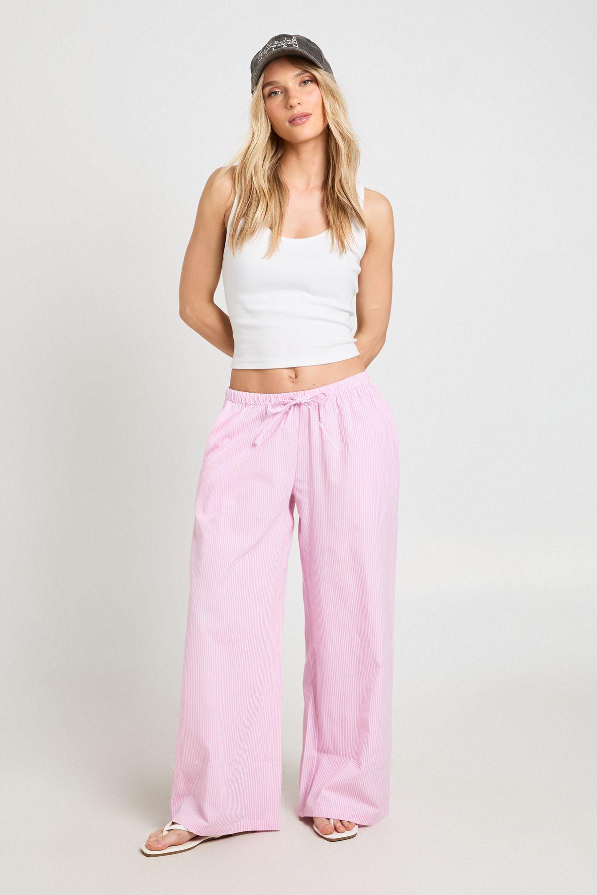 Petite Cotton Poplin Stripe Wide Leg Trousers by BOOHOO