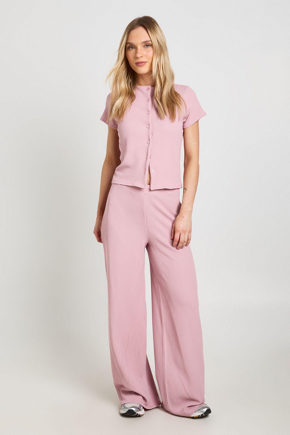 Petite Crinkle Rib Button Through Cap Sleeve Top and Trouser Set by BOOHOO