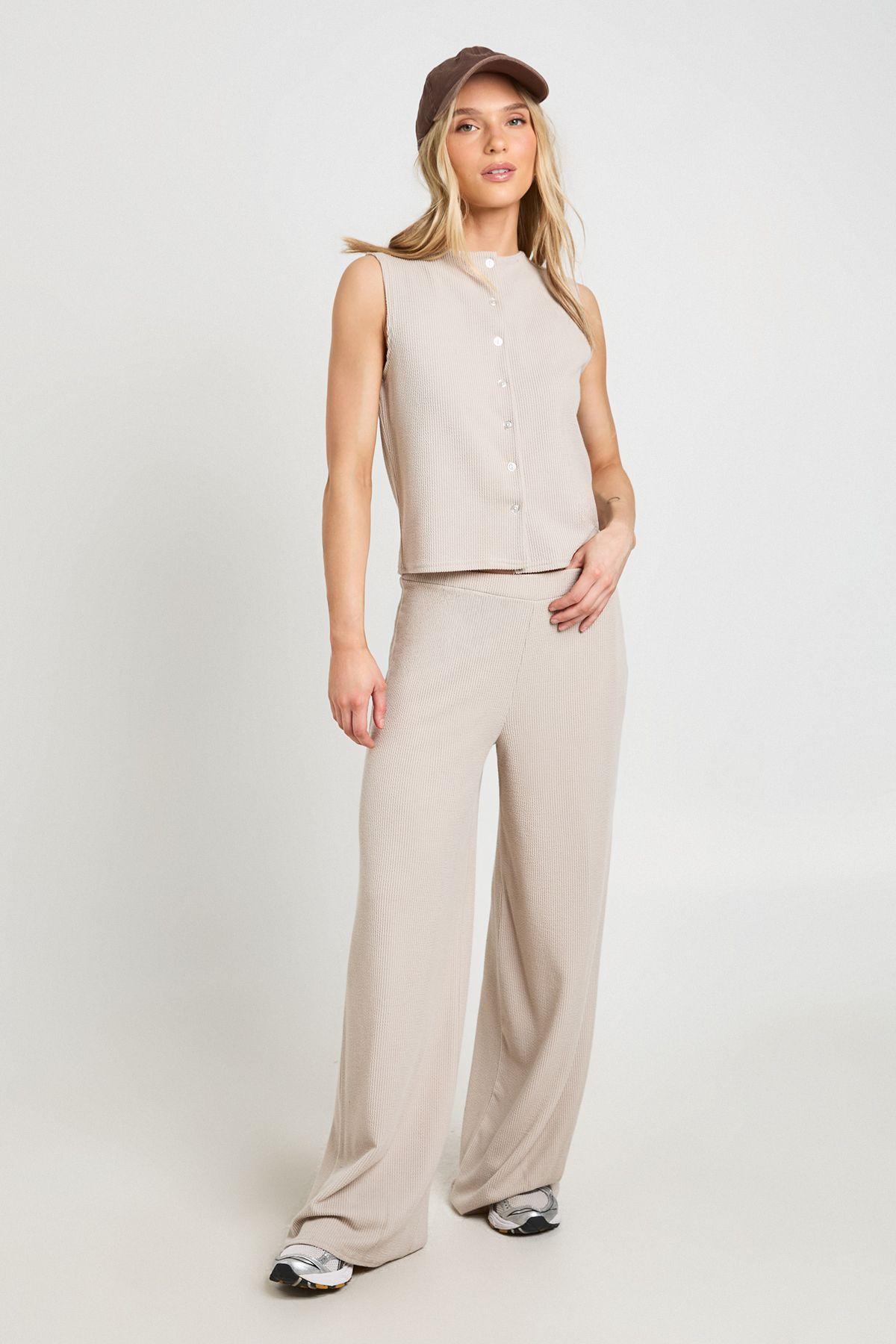 Petite Crinkle Rib Button Through Sleeveless Top and Trouser Set by BOOHOO