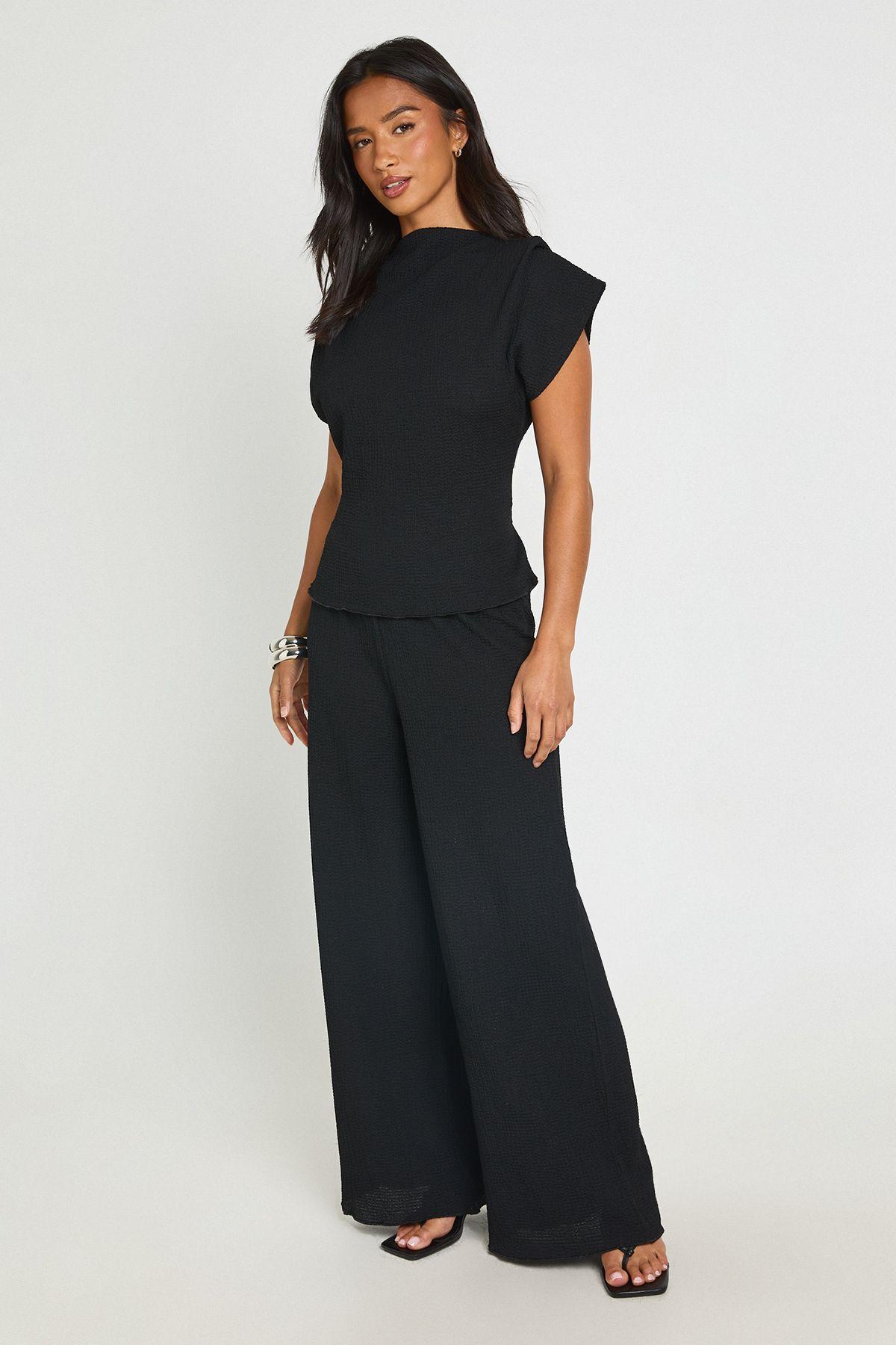Petite Crinkle Tie Back Top Wide Leg Trouser Co ord by BOOHOO