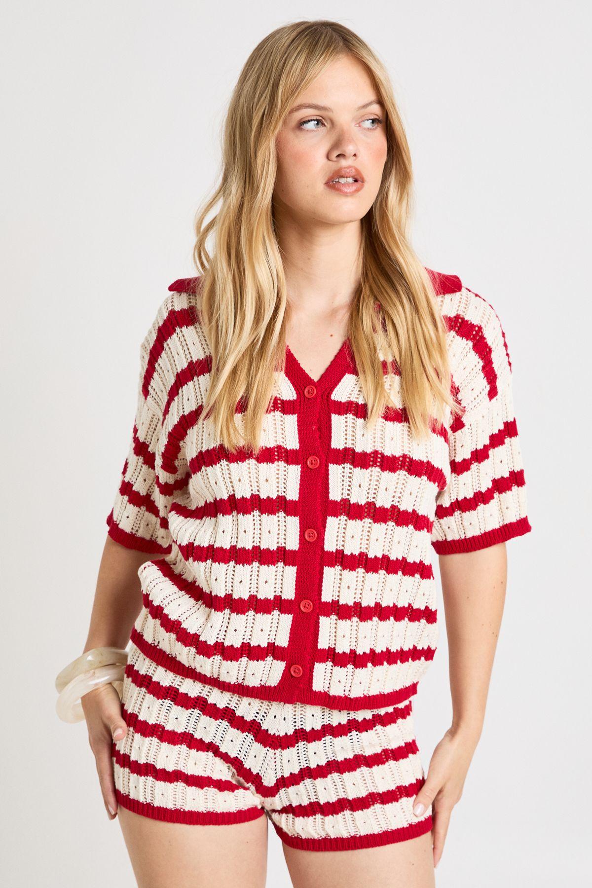 Petite Crochet Stripe Collared Shirt and Short Co-Ord by BOOHOO