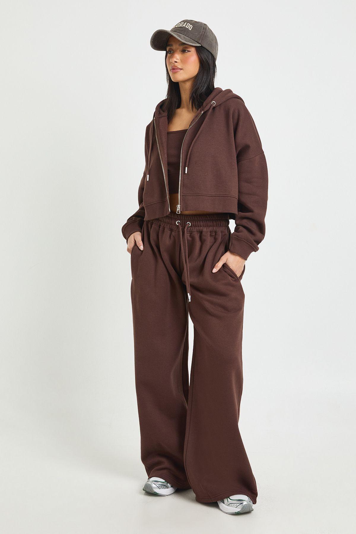 Petite Deep Hem Crop Top 3 Piece Hooded Tracksuit by BOOHOO