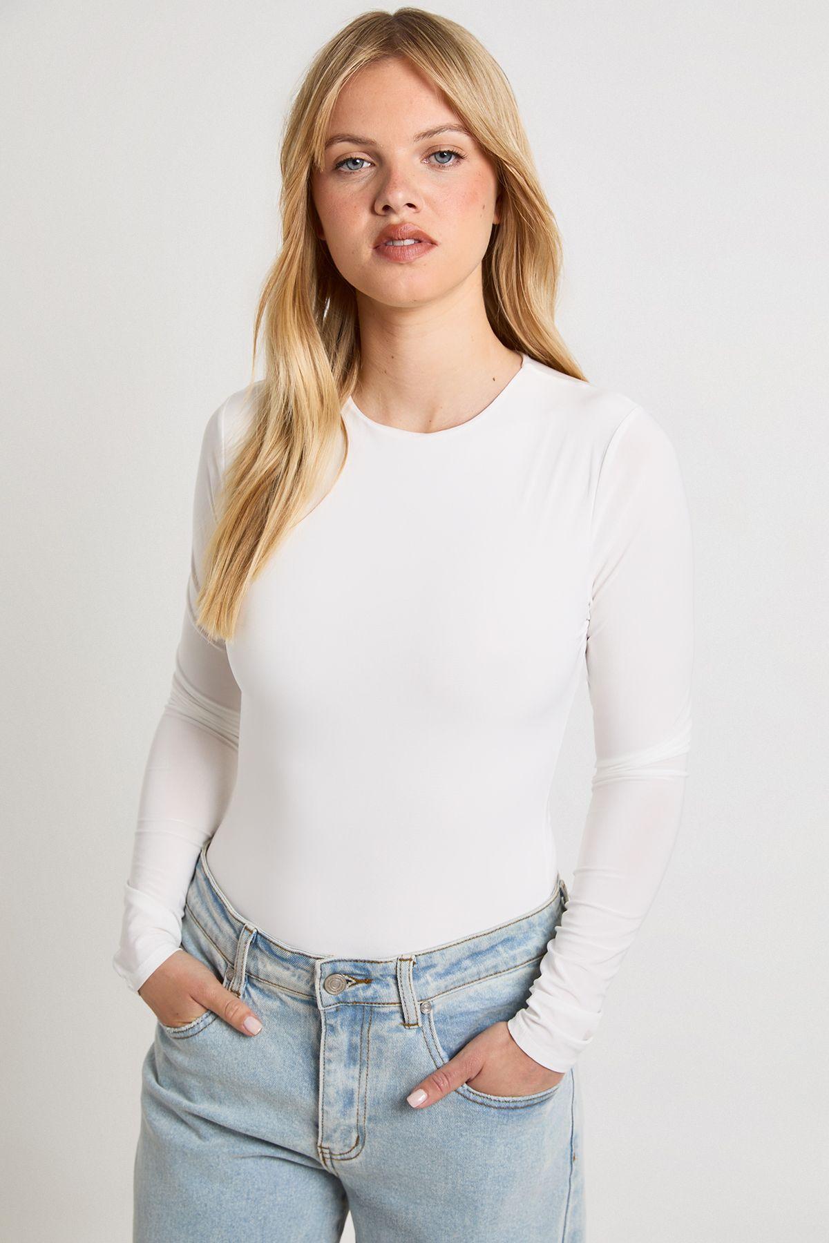 Petite Double Layer Slinky Long Sleeve Crew Neck Bodysuit by BOOHOO Petite Double Layer Slinky Long Sleeve Crew Neck Bodysuit by BOOHOO