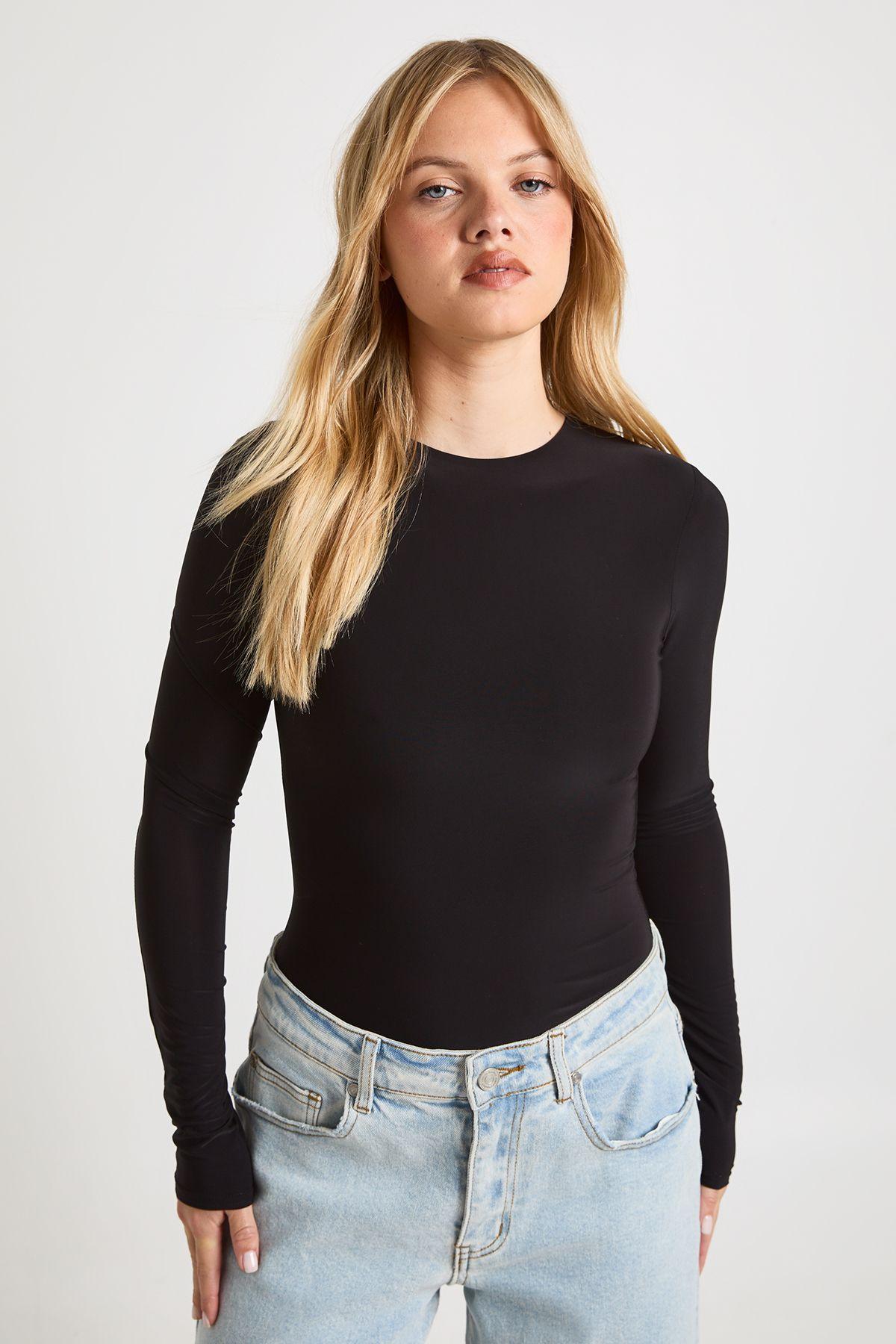 Petite Double Layer Slinky Long Sleeve Crew Neck Bodysuit by BOOHOO